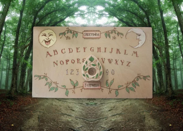 Hand-Made and Hand-Painted OOAK Wood Burned Ouija - Spirit Board - Talking Board with Planchette - 11.75in x 7 in