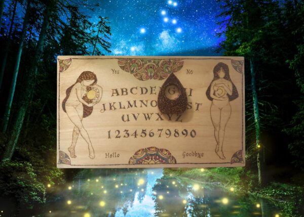 Hand-Made, Hand-Painted, Original Artwork, OOAK Wood Burned Ouija - Spirit Board - Talking Board with Planchette - 11.75in x 7 in