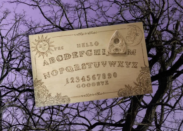 Hand-Made and Hand-Painted OOAK Wood Burned Ouija - Spirit Board - Talking Board with Planchette - 11.75in x 7 in